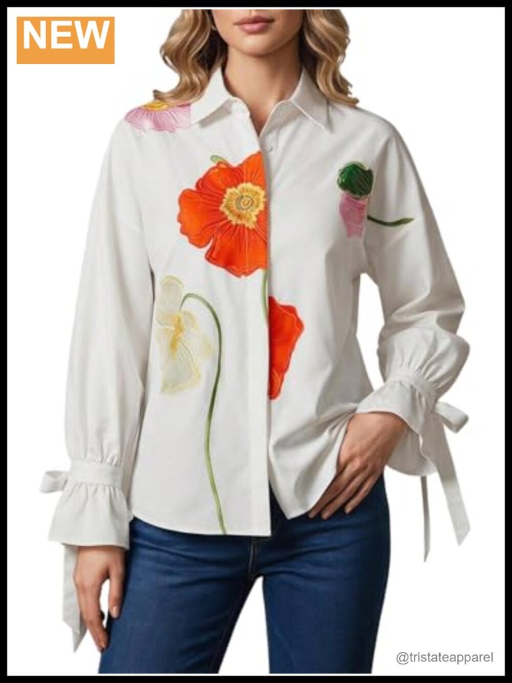 Floral Print Women's Flounce Sleeve Tie Cuff Button Down Collared Blouse